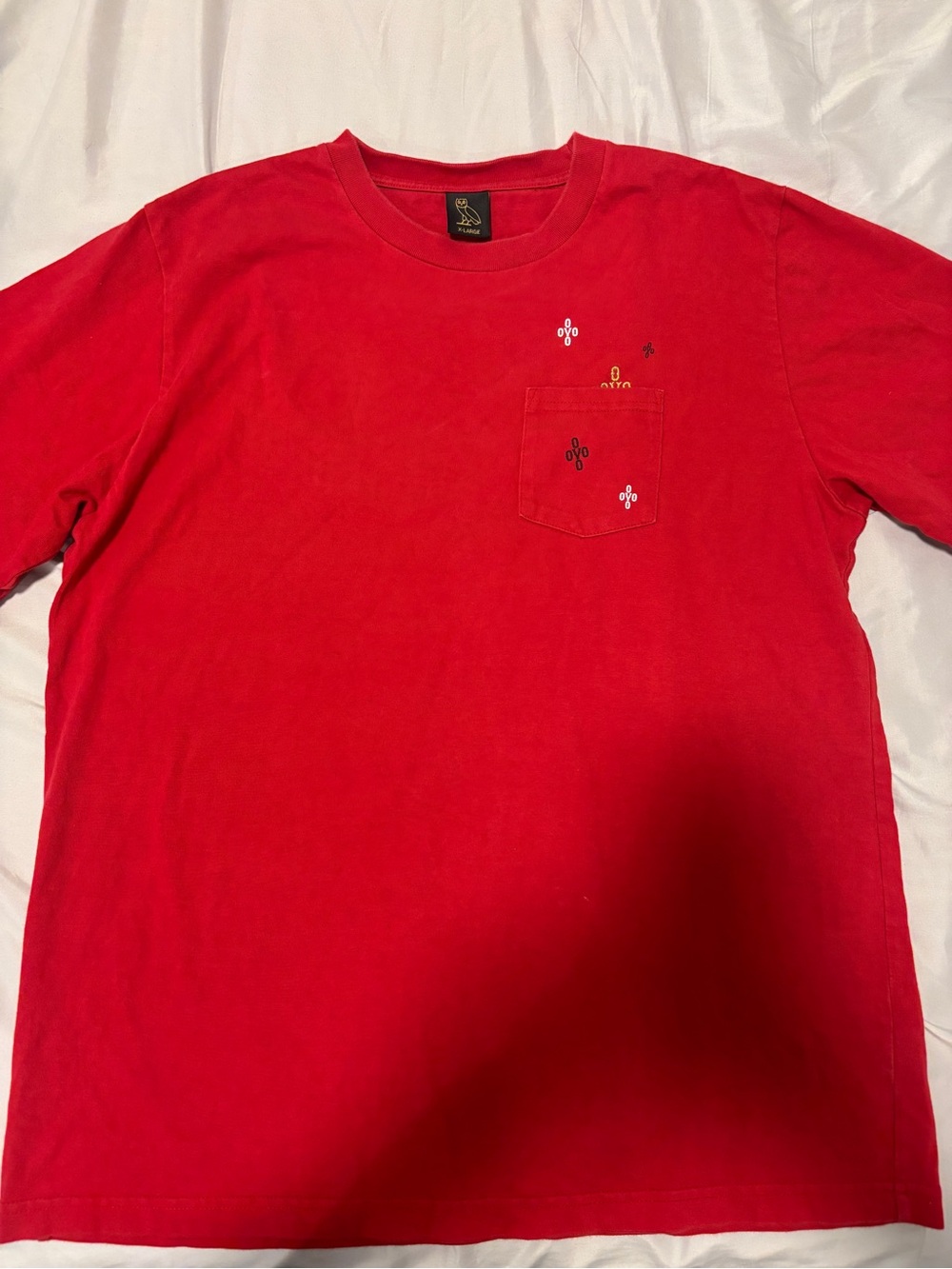 OVO Red Short-Sleeve Pocket Tee with Embroidered Motifs